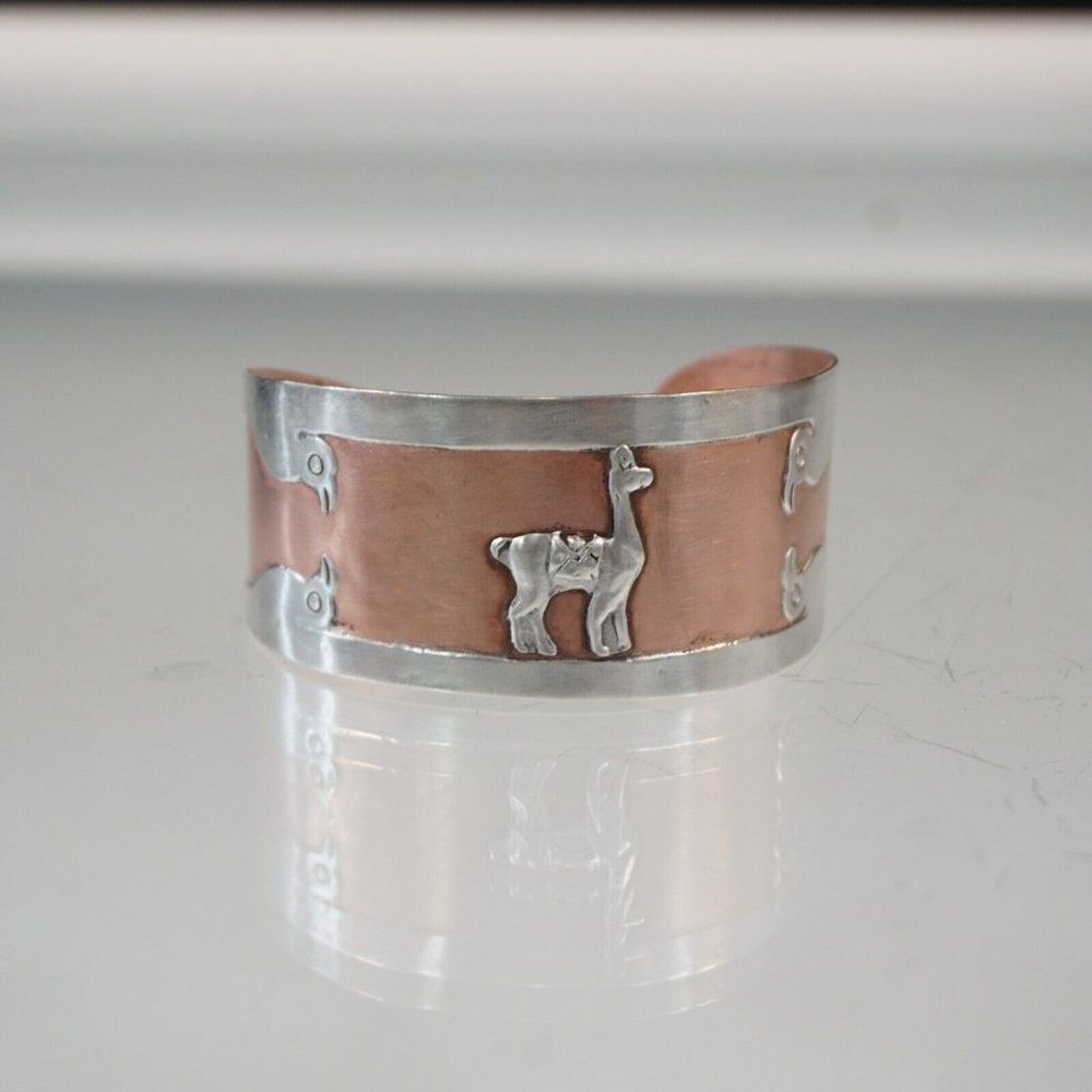 Cuff Bracelet Copper With 925 Sterling Silver Vintage Alpaca Llama And Birds